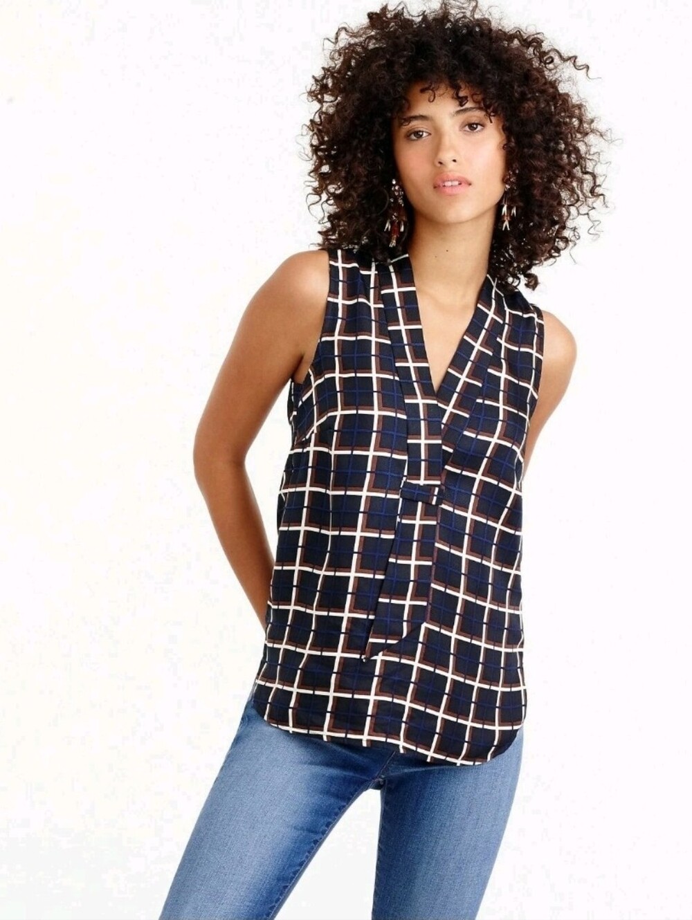 J.Crew 100% Silk Tie Accent V-Neck Sleeveless Windowpane Print Blouse Top 2